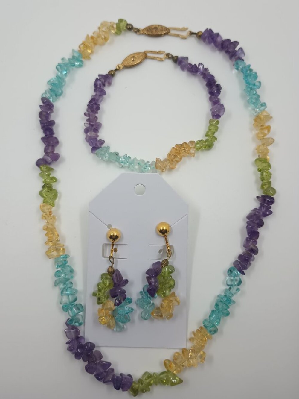 Multi  Gemstone Chip Beaded Necklace, Bracelet,  Clip Earrings Set rrings